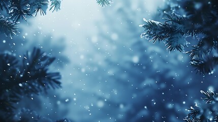 Fototapeta na wymiar Blue winter christmas nature background banner format Snowcovered fir branches against defocused blurred forest and falling snow Closeup copy of space : Generative AI
