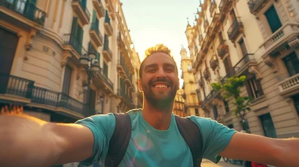  Handsome man taking selfie in Barcelona city Spain Happy tourist having fun walking outside on summer vacation Travel holidays and European landmarks concept : Generative AI © Generative AI