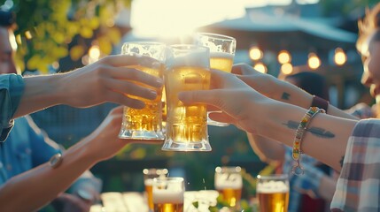 Group of multi ethnic friends having backyard dinner party together Diverse young people sitting at bar table toasting beer glasses in brewery pub garden Happy hour lunch break and you : Generative AI