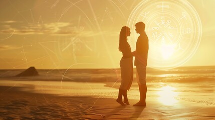 Horoscope compatibility Loving couple on beach and zodiac wheel : Generative AI