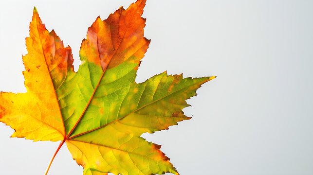 The image of an autumn theme natural maple leaf in yellow orange green tones on a white background : Generative AI