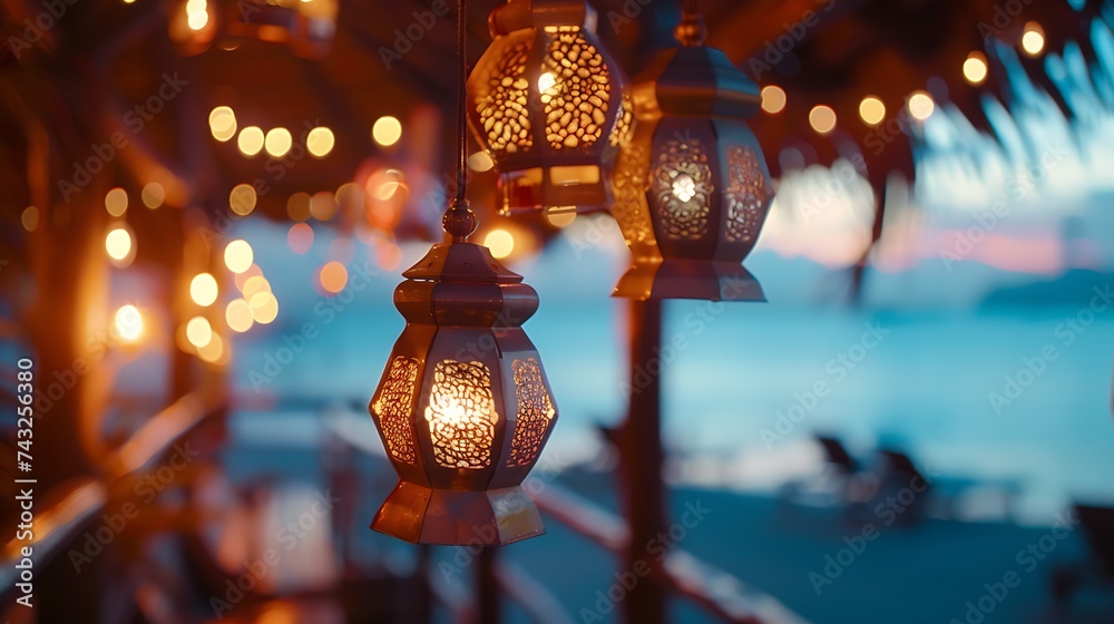 Poster a beautiful defocused landscape of a beach restaurant and club with glittering lanterns and lamps ha