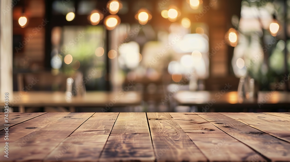 Poster Top of empty wood table with Bar Cafe Restaurant blurred background product display template Business presentation : Generative AI