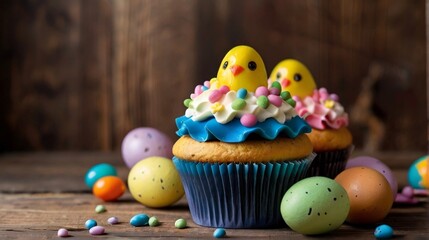 Fototapeta na wymiar Colourful Easter cupcakes and easter eggs on wood background