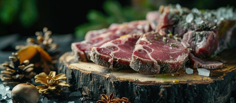 A piece of decomposing meat covered with mold and fungus sits on top of a wooden surface in this image.