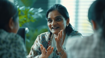 Smiling Indian businesswoman leading corporate meeting with diverse colleagues coach mentor training employees discussing project strategy sharing ideas business partners negotiation c : Generative AI - obrazy, fototapety, plakaty