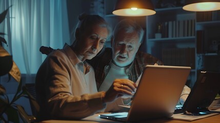 Excited elder family pensioner couple read and check financial document calculate profit saving income from investment OAP Senior man and 50s woman do monthly paperwork make utility pa : Generative AI