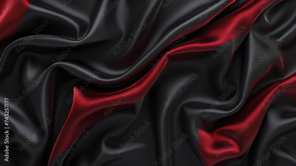 Poster black red silk satin background copy space for text or product wavy soft folds on shiny fabric luxur
