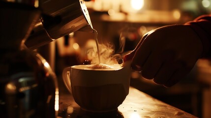 Fototapeta na wymiar Person Preparing Milk Froth for Coffee : Generative AI