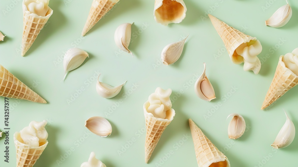 Poster Composition with waffle horn heads halves and slices of garlic Creative art layout on light green background closeup macro top view flat lay : Generative AI