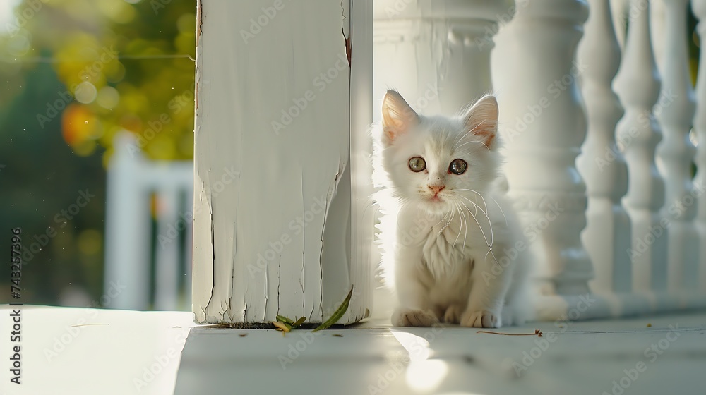 Aufkleber small curious cute white fluffy kitten looks out from behind white columns on porch of house : gener