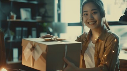 Happy businesswoman receiving a package sitting on a desk at office : Generative AI