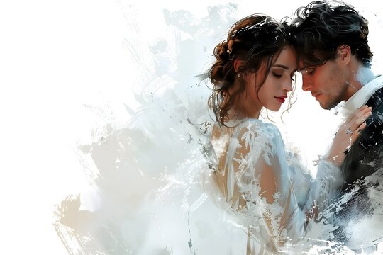 Romantic Bridal Couple Embrace in Artistic Wedding Illustration