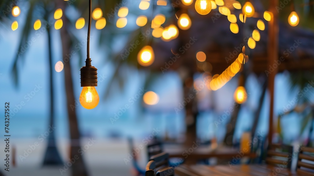 Poster blurred bokeh light with yellow string lights decor in beach restaurant at dusk of summer background : Generative AI