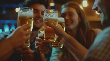 Group of people enjoying and toasting a beer in brewery pub Friendship concept with young people having fun together : Generative AI
