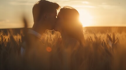 Young couple kissing on the background of a sunset in the wheat field : Generative AI