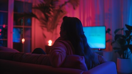Single woman watching online tv in the night sitting on a couch in the living room at home : Generative AI