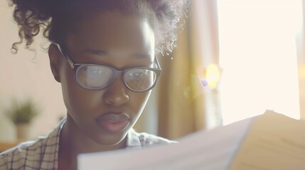 Focused young African American woman in eyeglasses looking through paper documents managing business affairs summarizing taxes planning future investments accounting alone at home offi : Generative AI