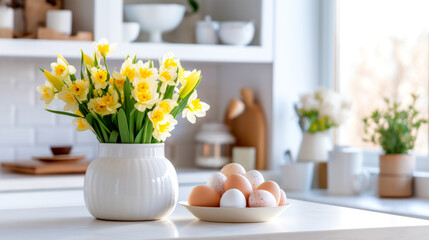 Easter table setting with yellow flowers in a vase and colored Easter eggs in the white Scandinavian-style kitchen background. Beautiful minimalist design for greeting card - obrazy, fototapety, plakaty