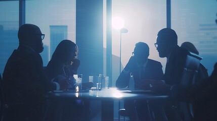 Serious team of professionals five multi ethnic business people negotiating in modern boardroom discuss project consider contract terms and conditions solve business Formal meeting eve : Generative AI