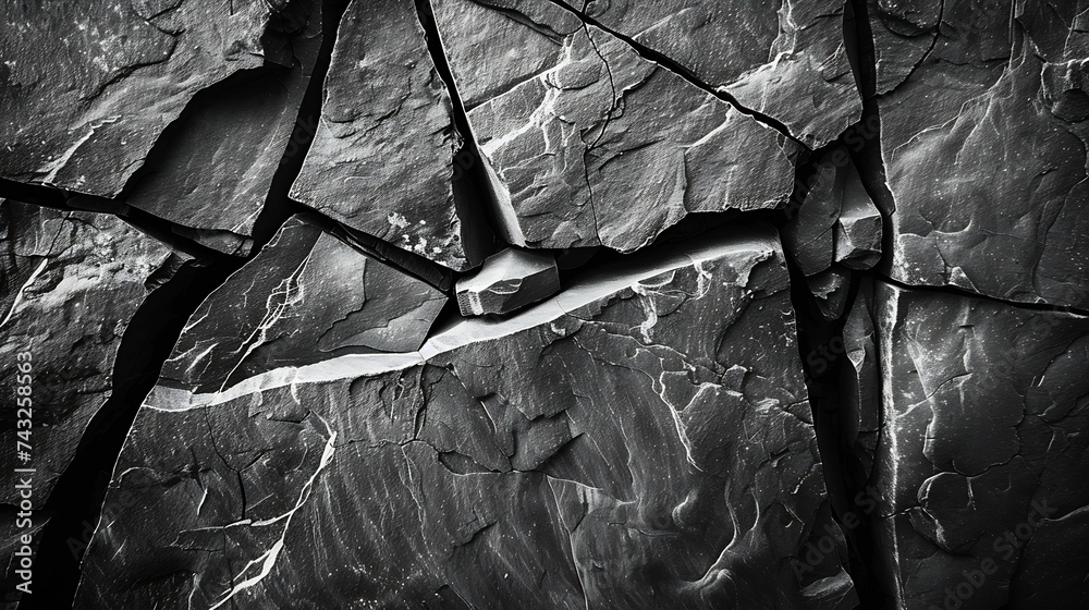Fototapete volumetric rock texture with cracks black stone background with copy space for design wide banner : 