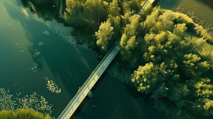 Abstract aerial view of bridge going across Valgjarv lake and swamp area Estonia : Generative AI
