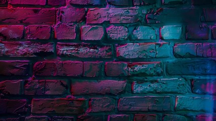Toned purple magenta blue green teal brick wall surface Neon effect Colorful rough background with space for design Dark Grunge backdrop : Generative AI