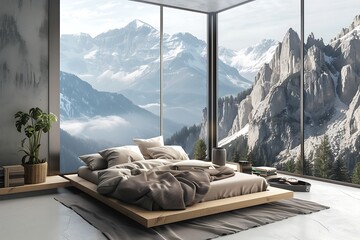 beige interior of a modern bedroom with mountain view window, apartment with landscape view in hotel