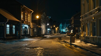 Fototapeta premium Parnu Estonia Night View Of Street With Old Buildings Wooden Houses Restaurants Cafe Hotels And Shops In Winter Evening Night Illuminations Altered starry night sky stars : Generative AI