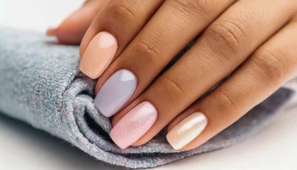 Foto op Canvas Close-up of woman's hands with elegant manicure of different bright and colorful colors. Beautiful nude manicure on long nails. Nail manicure with gel polish in a luxury beauty salon © anandart
