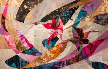 Abstract Fabric Symphony: Textured Tapestry of Vivid Colors and Patterns – An Artistic Quilt of Visual Harmony