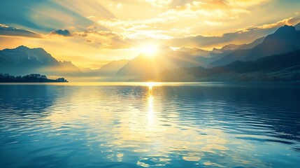 Beautiful panoramic natural sea evening landscape with sunset over mountains Golden sunbeams reflected in water : Generative AI