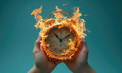 Time in Flames: Alarm Clock Engulfed in Fire, Symbolizing the Pressing Urgency and Stress of Time...