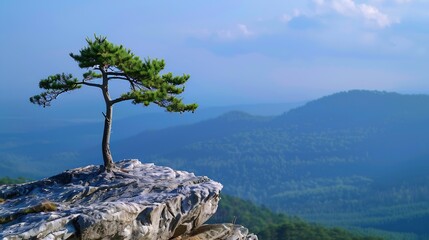 Beautiful natural landscape with coniferous tree on top of mountain against background of forest and blue sky in morning Panorama : Generative AI