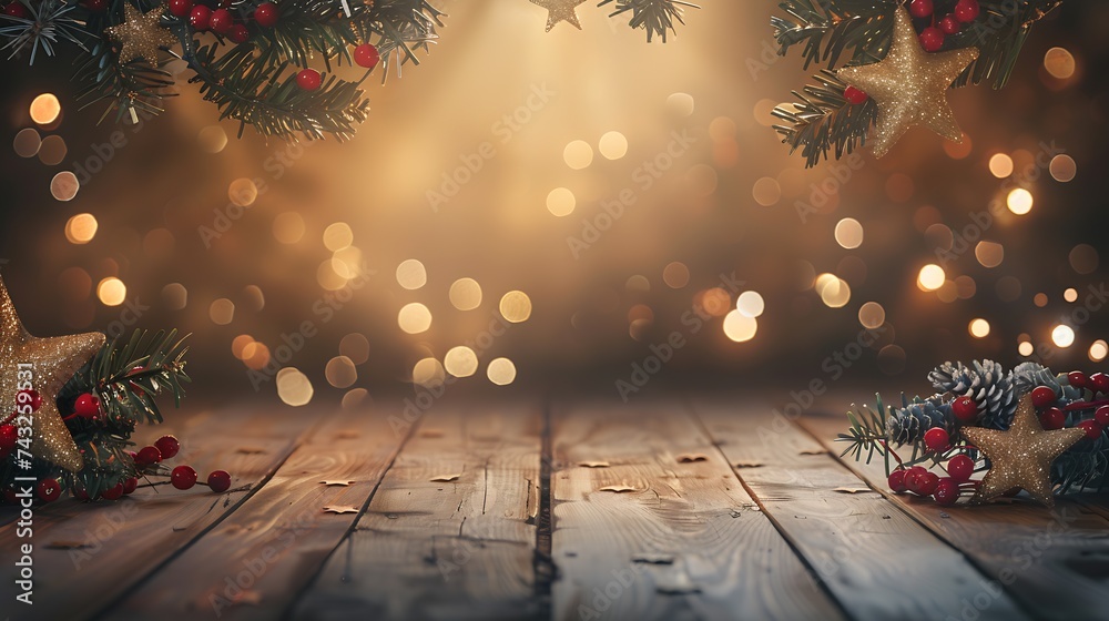 Leinwandbilder festive christmas stage scene background framing fir branches decorated with stars and red berries a