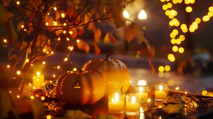 Holiday decoration for Halloween Glowing pumpkin and candles against background of an evening mystical forest and holiday lights illumination in golden orange brown tones : Generative AI