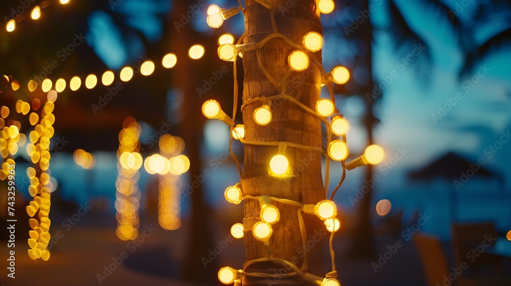Poster blurred bokeh light with yellow string lights decor in beach restaurant at dusk of summer background : Generative AI
