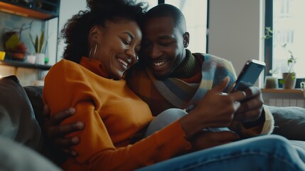 Happy young woman and man hugging using smartphone together sitting on cozy couch at home smiling overjoyed wife and husband looking at phone screen sitting on sofa in modern living ro : Generative AI