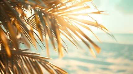 Summer defocused background nature of tropical beach with rays of sun light and leaf palm Golden sand beach sea water and palm leaves against sky Copy space summer vacation concept : Generative AI - obrazy, fototapety, plakaty