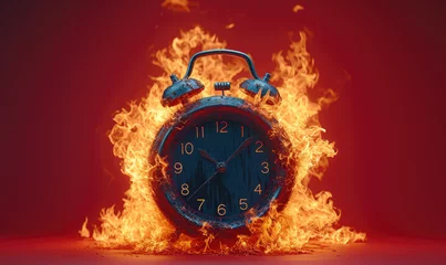 Fotobehang Time in Flames: Alarm Clock Engulfed in Fire, Symbolizing the Pressing Urgency and Stress of Time Passing Swiftly © STORYTELLER