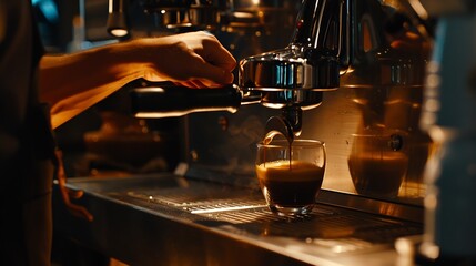 A vertical closeup shot of a barista making coffee with a machine at a cafe : Generative AI - obrazy, fototapety, plakaty