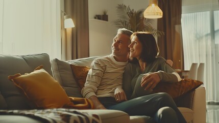 Dreamy middle aged senior loving retired family couple looking in distance planning common future or recollecting memories enjoying peaceful moment relaxing together on cozy sofa in li : Generative AI - obrazy, fototapety, plakaty