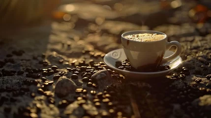 Poster Koffiebar Espresso cup full of coffee on the grains pile Italian traditional morning short drink on breakfast Closeup Toned : Generative AI