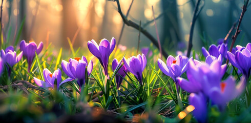 Amazing view of growing and blooming crocus flowers with lush green grass background at early...