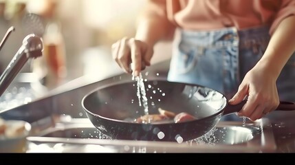Woman washing dirty frying pan in sink indoors closeup : Generative AI - obrazy, fototapety, plakaty