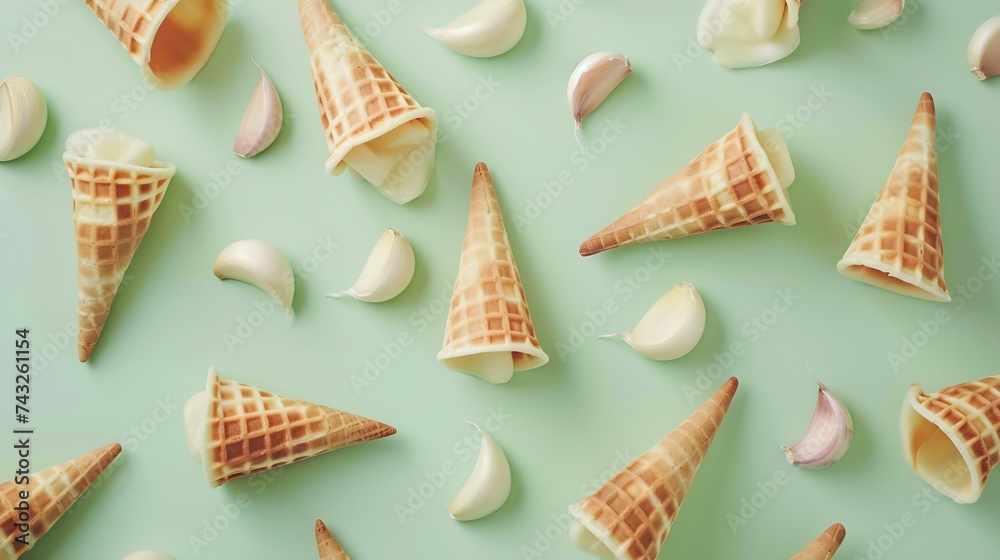 Aufkleber Composition with waffle horn heads halves and slices of garlic Creative art layout on light green background closeup macro top view flat lay : Generative AI