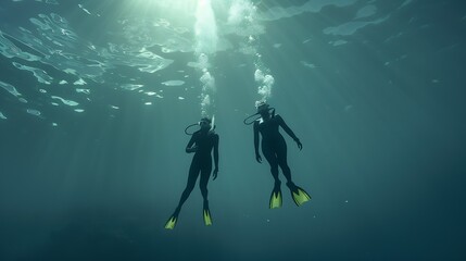 Aerial view of man and woman with masks and flippers swimming on their backs in clear sea : Generative AI - obrazy, fototapety, plakaty
