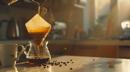 Preparing pour over filtered coffee with dripper Making coffee at home : Generative AI - obrazy, fototapety, plakaty