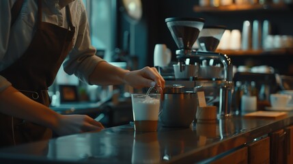 small business people and service concept woman or waiter in apron with holder and tamper preparing coffee at coffee shop : Generative AI