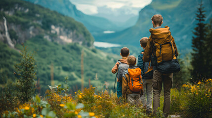 Family hiking adventure in mountain landscape